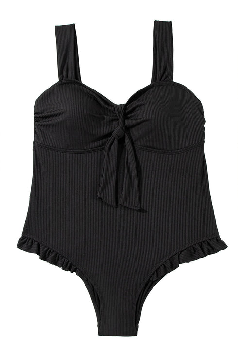 Textured Knotted Ruffle Trim One Piece Swimwear