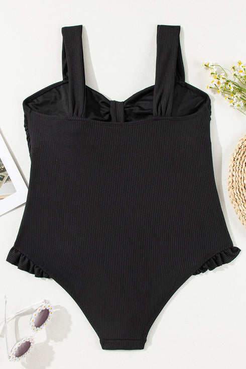 Textured Knotted Ruffle Trim One Piece Swimwear