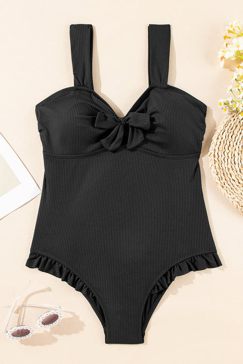 Textured Knotted Ruffle Trim One Piece Swimwear