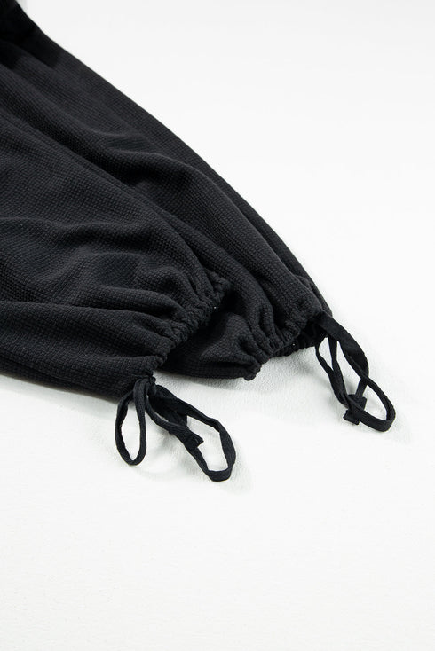Textured Knotted Strap Button Drawstring Wide Leg Jumpsuit