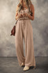 Textured Knotted Strap Button Drawstring Wide Leg Jumpsuit