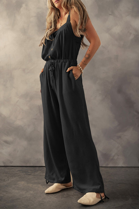 Textured Knotted Strap Button Drawstring Wide Leg Jumpsuit