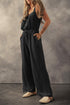 Textured Knotted Strap Button Drawstring Wide Leg Jumpsuit