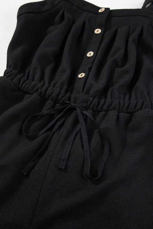 Textured Knotted Strap Button Drawstring Wide Leg Jumpsuit