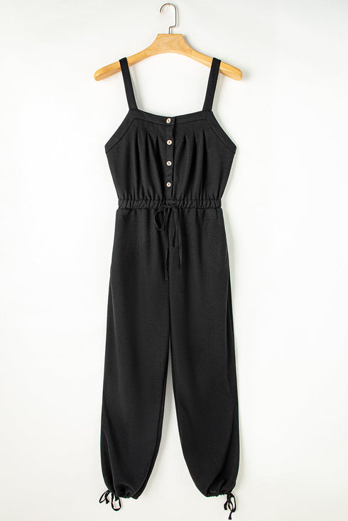 Textured Knotted Strap Button Drawstring Wide Leg Jumpsuit