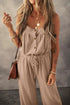 Textured Knotted Strap Button Drawstring Wide Leg Jumpsuit