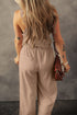 Textured Knotted Strap Button Drawstring Wide Leg Jumpsuit