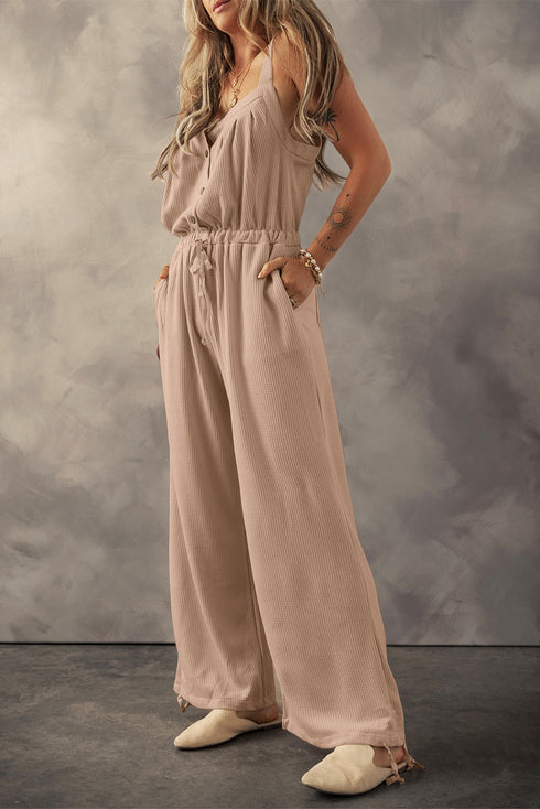 Textured Knotted Strap Button Drawstring Wide Leg Jumpsuit