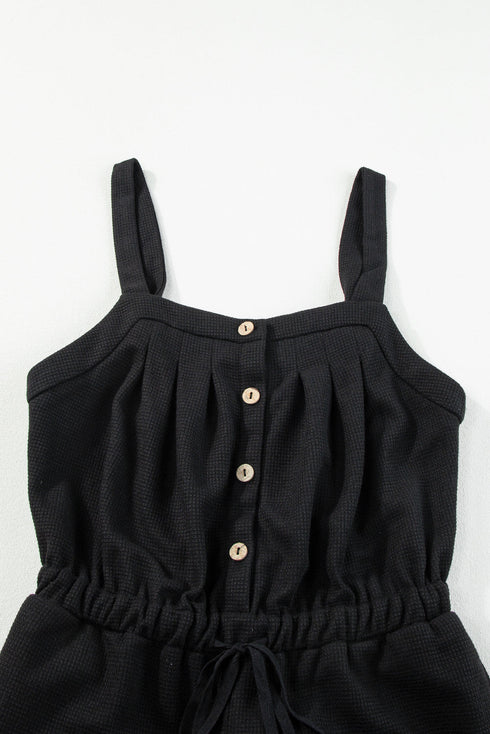 Textured Knotted Strap Button Drawstring Wide Leg Jumpsuit
