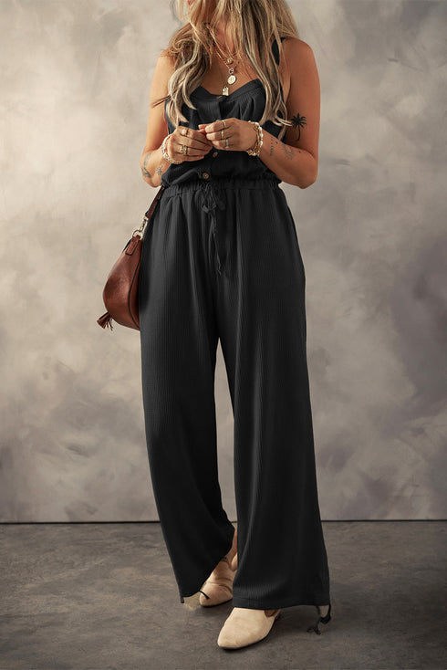 Textured Knotted Strap Button Drawstring Wide Leg Jumpsuit