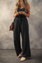 Textured Knotted Strap Button Drawstring Wide Leg Jumpsuit