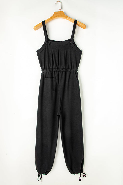 Textured Knotted Strap Button Drawstring Wide Leg Jumpsuit