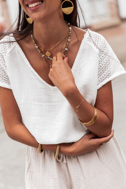 Textured Lace Crochet Button Back V Neck Cotton Shirt