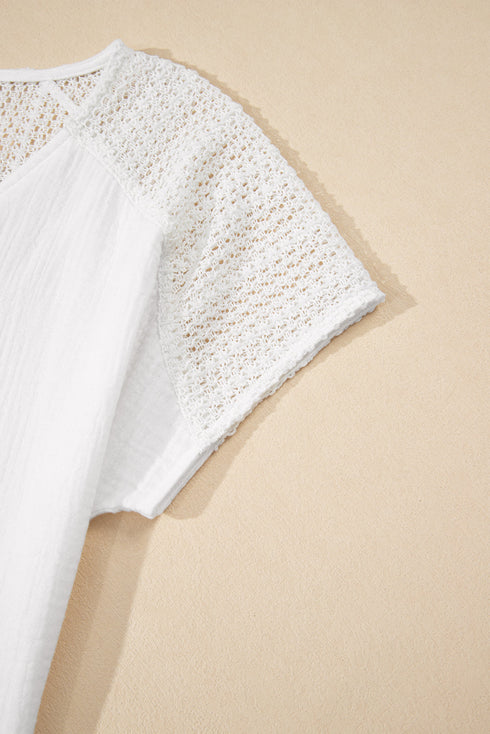 Textured Lace Crochet Button Back V Neck Cotton Shirt