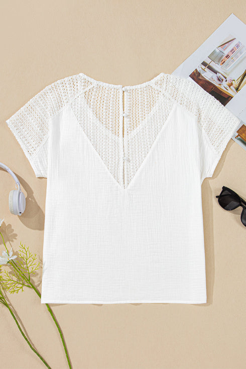 Textured Lace Crochet Button Back V Neck Cotton Shirt