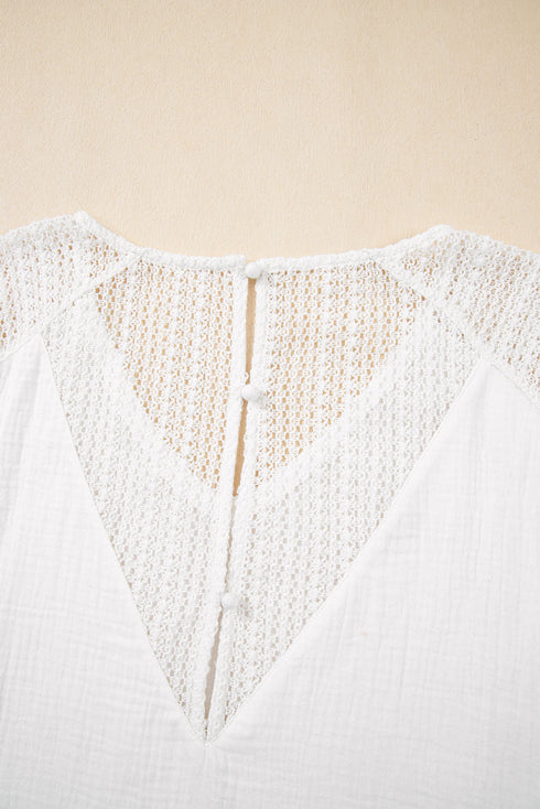 Textured Lace Crochet Button Back V Neck Cotton Shirt