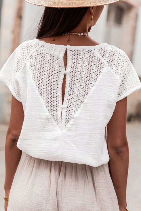 Textured Lace Crochet Button Back V Neck Cotton Shirt