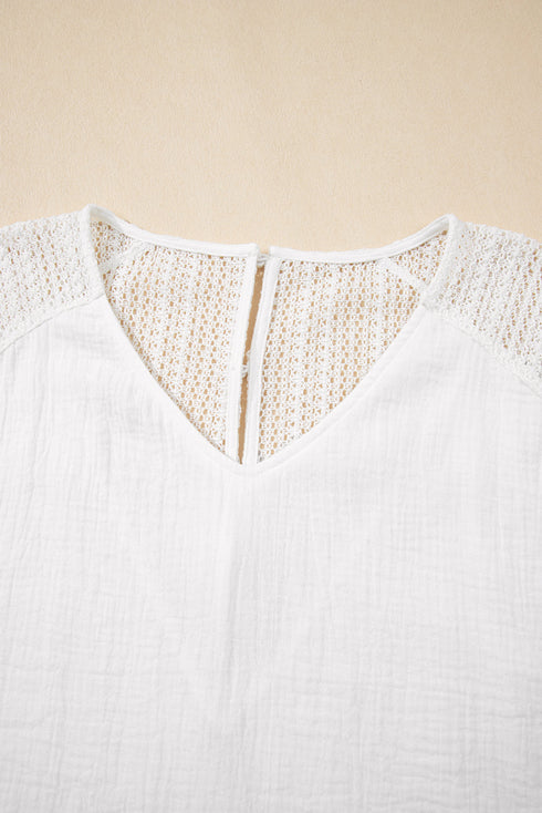 Textured Lace Crochet Button Back V Neck Cotton Shirt