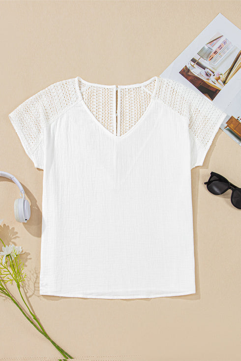 Textured Lace Crochet Button Back V Neck Cotton Shirt