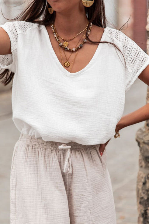Textured Lace Crochet Button Back V Neck Cotton Shirt