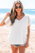 Textured Lace Crochet Button Back V Neck Cotton Shirt