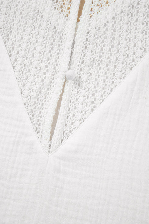 Textured Lace Crochet Button Back V Neck Cotton Shirt