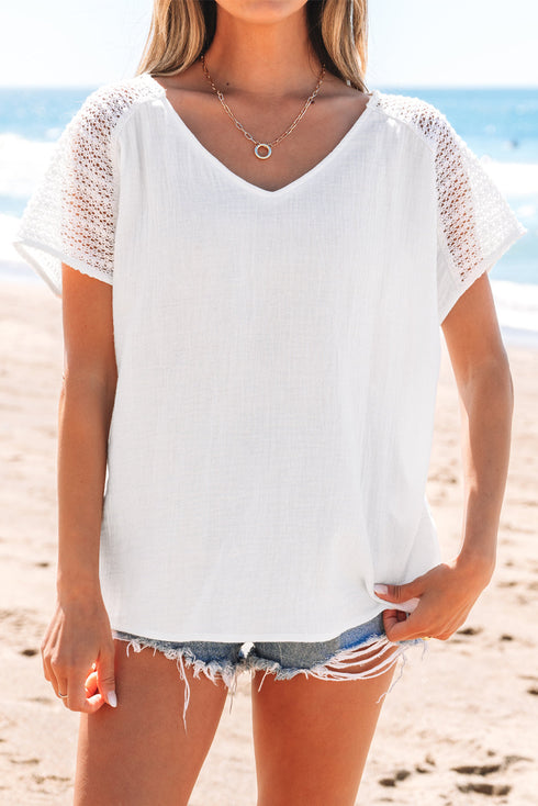 Textured Lace Crochet Button Back V Neck Cotton Shirt