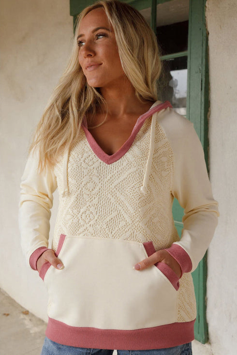Textured Lace Knit V Neck Raglan Hoodie