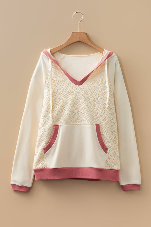 Textured Lace Knit V Neck Raglan Hoodie