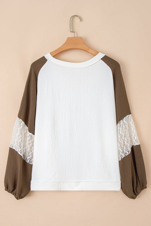 Textured Lace Patchwork Balloon Sleeve V Neck Blouse