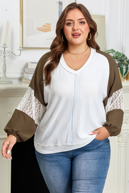Textured Lace Patchwork Balloon Sleeve V Neck Blouse