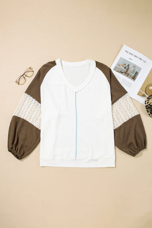 Textured Lace Patchwork Balloon Sleeve V Neck Blouse