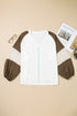 Textured Lace Patchwork Balloon Sleeve V Neck Blouse