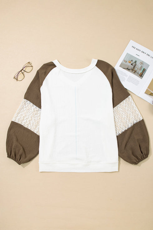 Textured Lace Patchwork Balloon Sleeve V Neck Blouse
