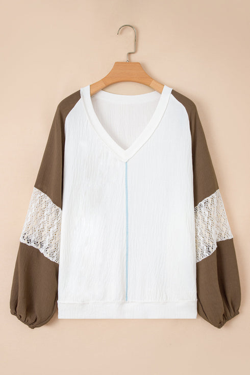 Textured Lace Patchwork Balloon Sleeve V Neck Blouse