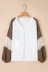 Textured Lace Patchwork Balloon Sleeve V Neck Blouse