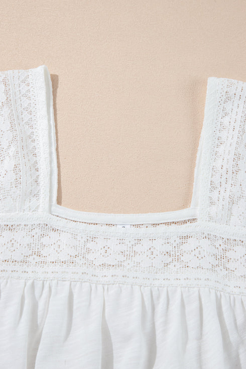 Textured Lace Patchwork Square Neck Short Sleeve Blouse