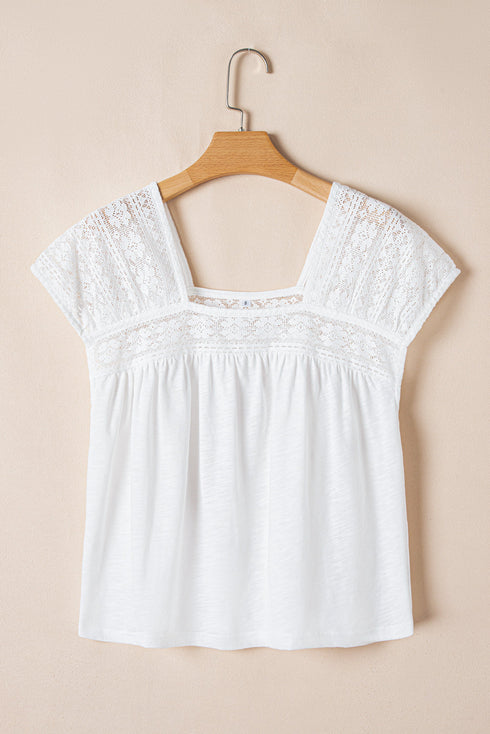 Textured Lace Patchwork Square Neck Short Sleeve Blouse