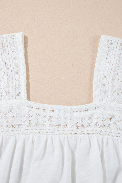 Textured Lace Patchwork Square Neck Short Sleeve Blouse