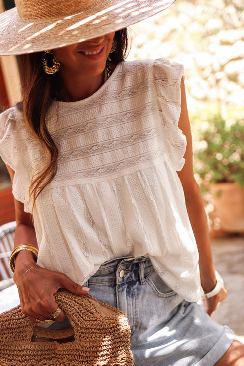 Textured Lace Ruffle Strap Relaxed Fit Tank Top