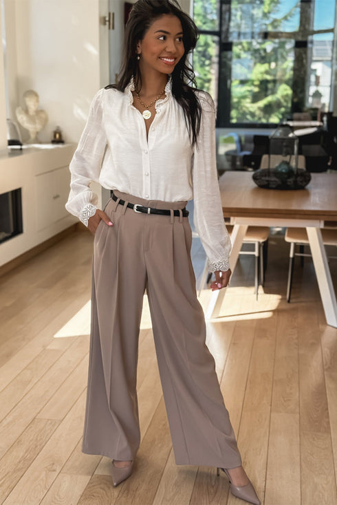 Textured Lace Trim Button Front Long Sleeve Blouse