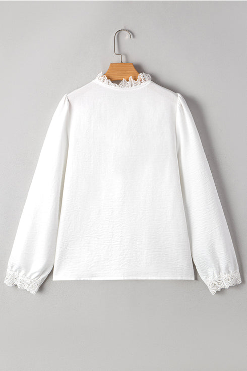 Textured Lace Trim Button Front Long Sleeve Blouse