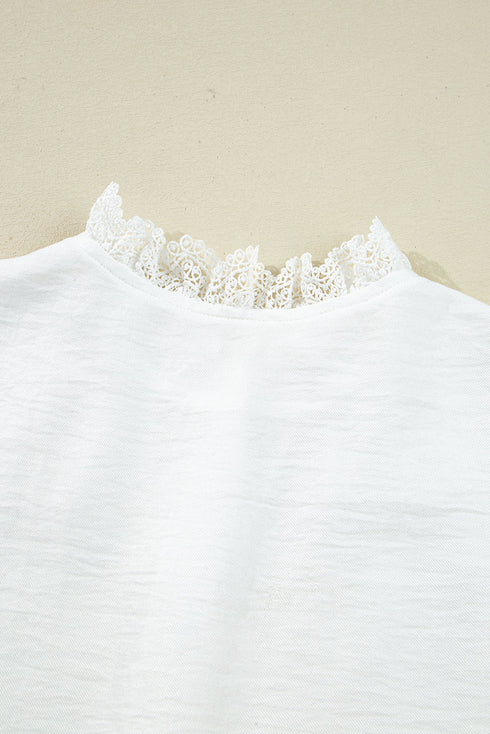 Textured Lace Trim Button Front Long Sleeve Blouse