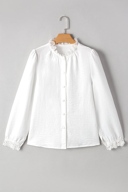 Textured Lace Trim Button Front Long Sleeve Blouse
