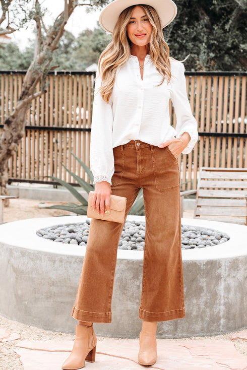 Textured Lace Trim Button Front Long Sleeve Blouse
