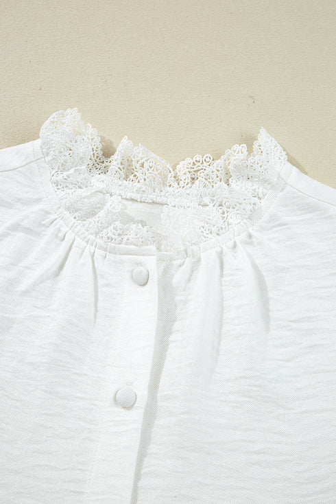 Textured Lace Trim Button Front Long Sleeve Blouse