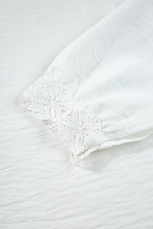 Textured Lace Trim Button Front Long Sleeve Blouse