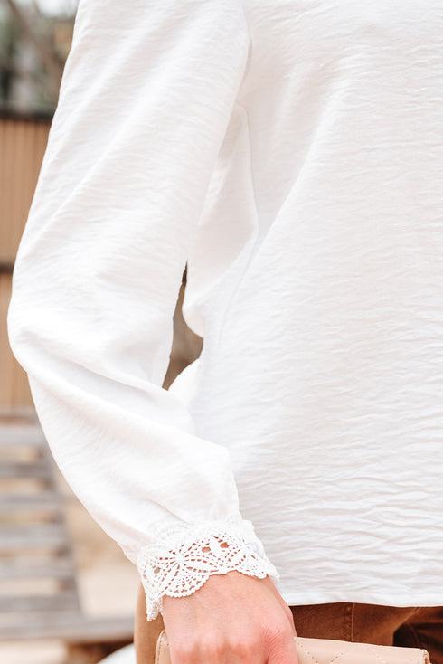 Textured Lace Trim Button Front Long Sleeve Blouse