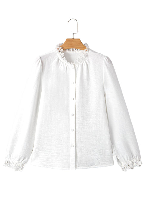 Textured Lace Trim Button Front Long Sleeve Blouse