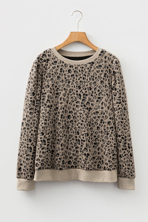 Textured Leopard Print Ribbed Trim Long Sleeve Top